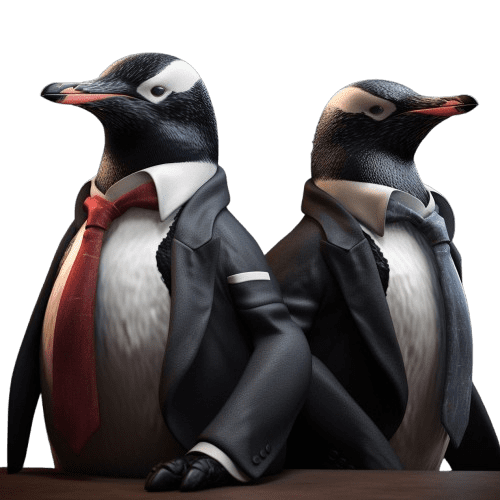 2 penguins wearing suits